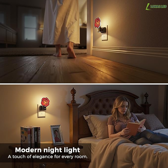 L LOHAS LED Night Lights Plug into Wall, Gothic Rose Night Light with Light Sensor, 0-100LM Dimmable Night Light, 1W 3000K Soft White for Adults Kids Room Bedroom Bathroom Hallway[2 Pack]