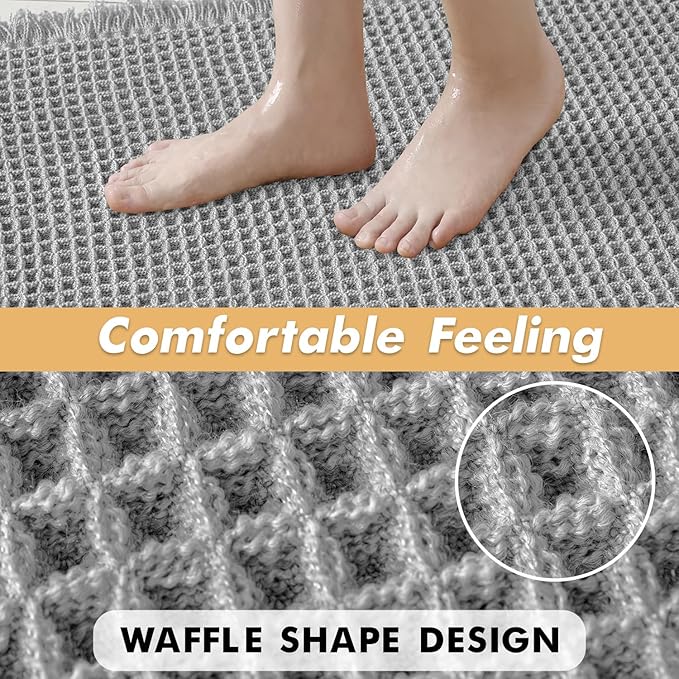 MIULEE Set of 2 Waffle Bathroom Rugs, Boho Bath Rugs Non Slip Washable, Super Absorbent Bath Mats, Ultra Soft Rubber Backed Shower Mats for Bathroom Floor, Tub and Shower, Light Grey, 17x24 Inch