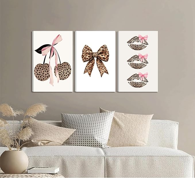 3Pcs Trendy Leopard Print Canvas Wall Art,Fashion Bow Cherry Lips Y2k Poster Pictures,Stylish Preppy Aesthetics Girls' Rooms Wall Decor for Bedroom Dorm Apartment.24x16in Framed