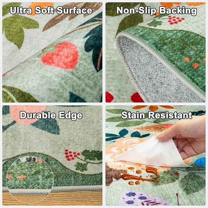 Round Area Rug for Living Room: 4 ft Floral Washable Circle Rug Soft Boho Non-Slip Carpet Indoor Stain Resistant Low Pile Small Circular Rug for Bedroom Entryway Kitchen Nursery Home Office Green