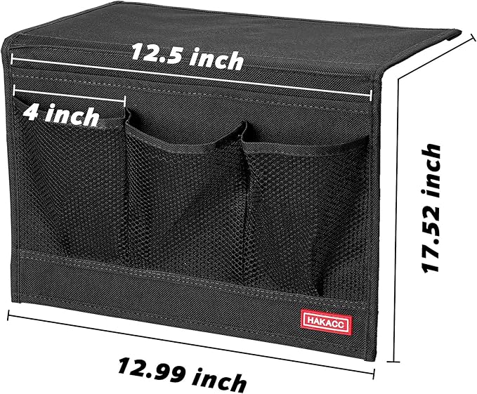 HAKACC Bedside Caddy, Remote Holder for Bed, Storage Organizer with Pockets for Bed, Sofa, Phones, Magazines, Tablets and Accessories, Black