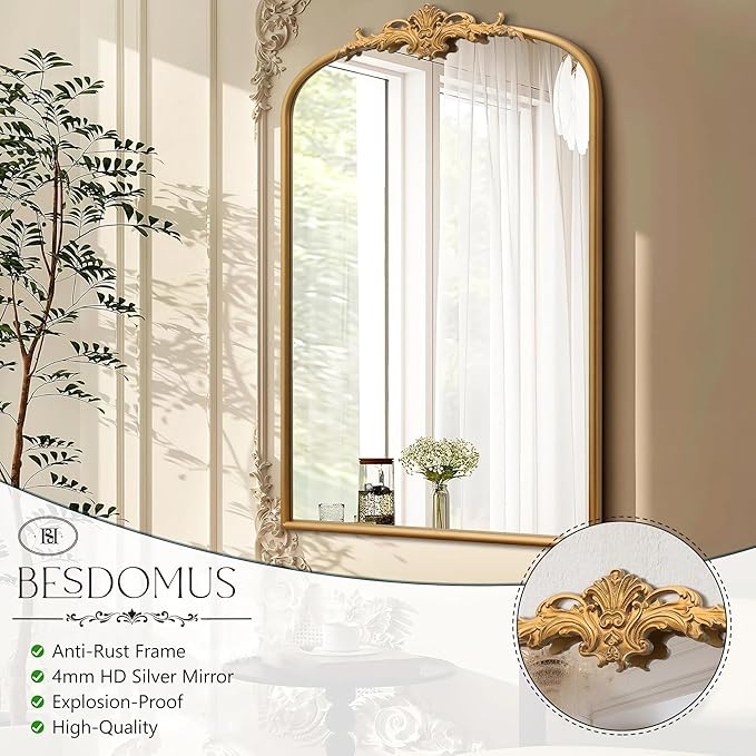 Besdomus Antique Arched Wall Mirror: 24"x36" French Large Arch Gleaming Gold Vintage Vanity Wall Mounted Mirror - Traditional Ornate Home Decor for Entryway/Fireplace/Bathroom - Idea for Homemakers
