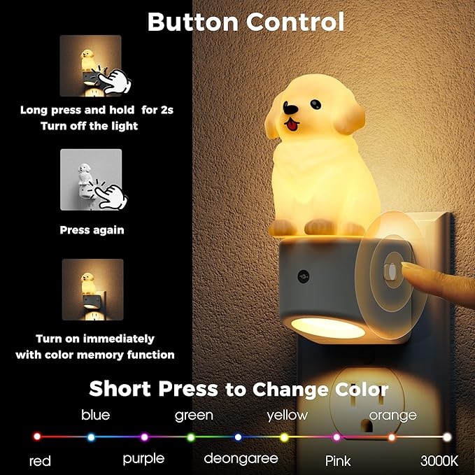 L LOHAS LED Night Light for Kids,3D Cute Puppy Night Lights,Golden Retriever with Dusk to Dawn Sensor, RGB+Soft White 3000K,Dog Night Light,Birthday Gift Nightlight for Kids, Room Decor,2Pack