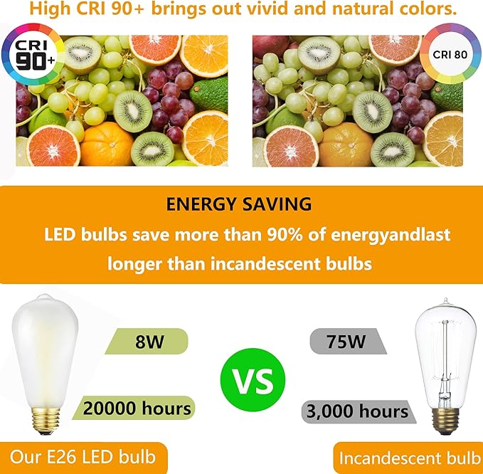 E26 Frosted LED Edison Bulbs, Daylight White 5000K,8W Equivalent 75W Light Bulb,850LM,AC120V, ST58 Vintage Edison Bulbs,Dimmable Antique LED Filament Bulbs, Pack of 6