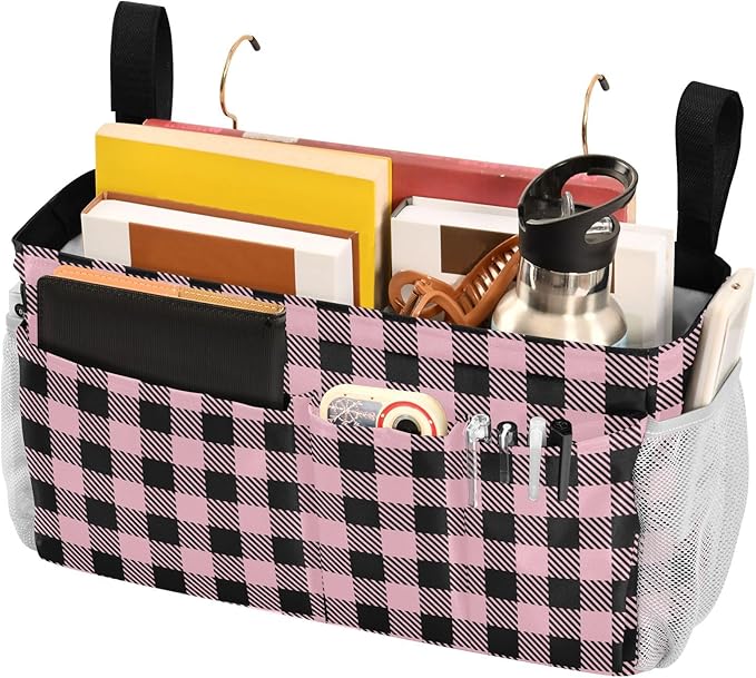 Buffalo Plaid Check Pink Print Bedside Caddy Storage Bag Bedside Organizer for Bunk Bed Headboards College Organizer Caddy Hanging Shelf 6 Pockets with Hooks for Drinks Magazine Phone Holder