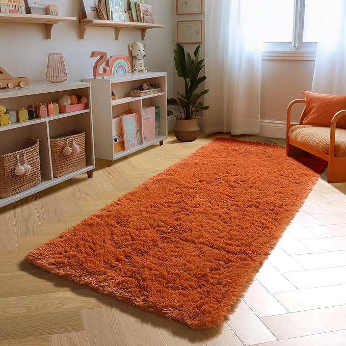 Amdrebio Burnt Orange 2x6 Runner Rugs for Bedroom Living Room, Fluffy Fuzzy Shaggy Furry Bedside Area Rug for Kids Room Decor Aesthetic, Cute Plush Shag Dark Orange Carpet for Nursery Dorm Playroom
