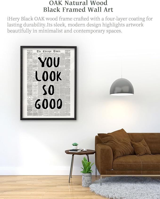 iHery Premium Natural Black OAK Wood 12x16in You Look So Good Trendy Inspirational Framed Wall Art, Vintage Girl Newspaper Motivational Canvas Wall Decor For Dorm Bedroom Living Room Posters 1Pack