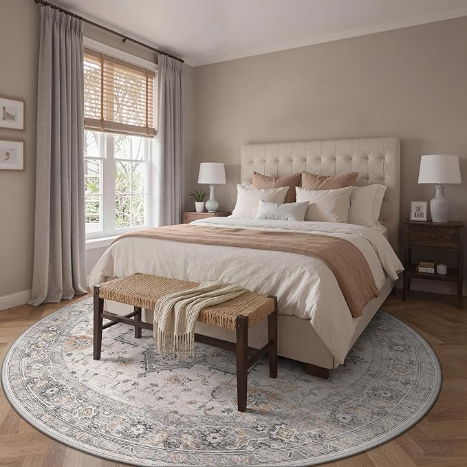 GENIMO 8FT Round Area Rugs for Living Room, Circle Rugs Machine Washable Low Pile, Chenille Non Slip Vintage Rug for Bedroom, Dining Room, Home Office, Light Taupe Brown