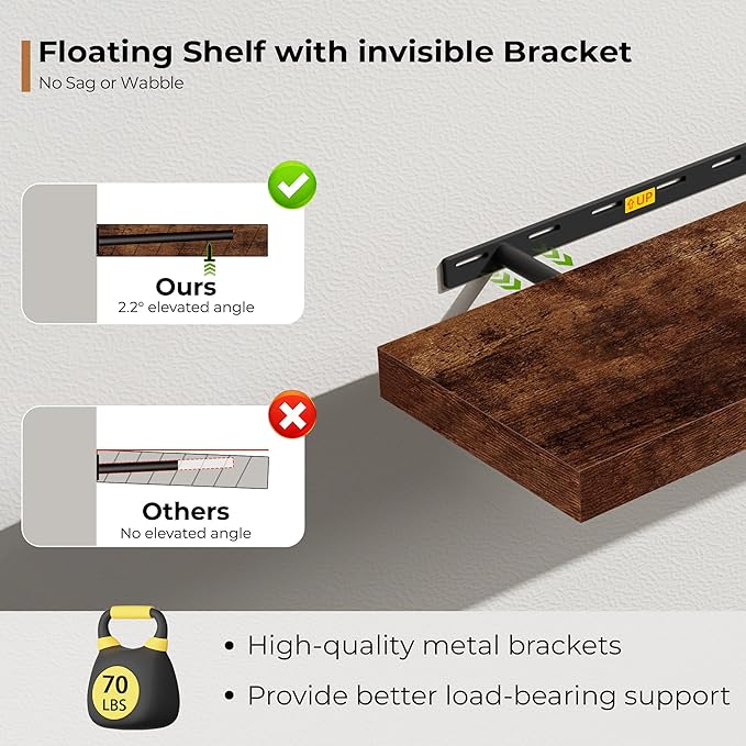 Fun Memories 72 Inch Floating Shelves for Wall, Fireplace Mantel Shelf with Invisible Heavy Duty Bracket, 8 Inch Deep Storage Shelf for Living Room, Kitchen, Farmhouse, Brown (2-Pack)