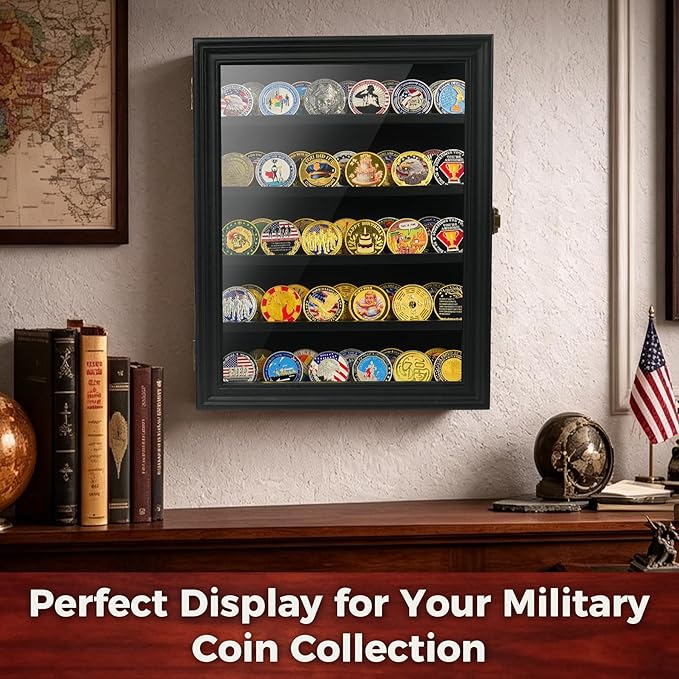 ASmileIndeep Military Challenge Coin Display Case Holder with HD Toughened Glass and Wall Mount, Wooden Coin Stand Rack with Removable 2 Grooves Shelves for Poker Chips Collectibles, Black…