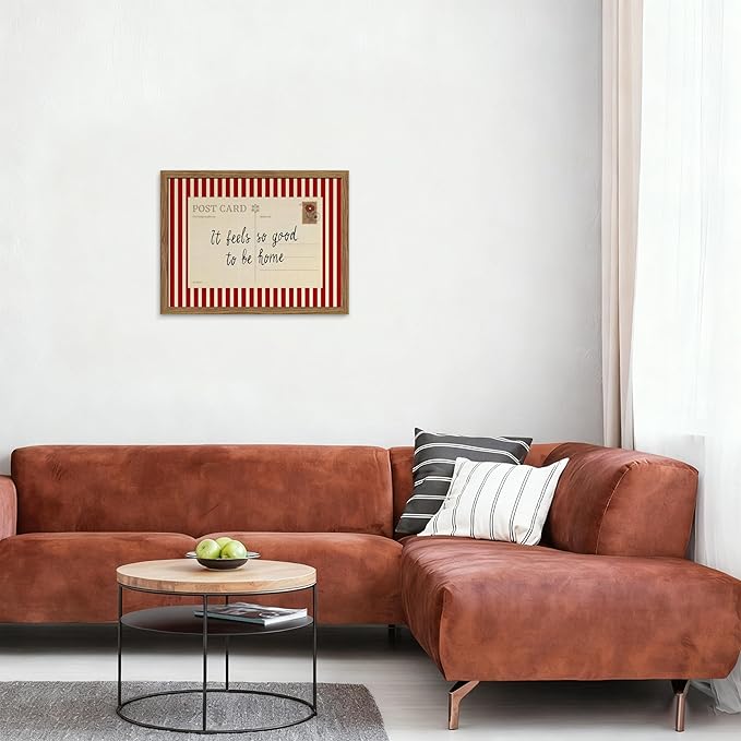 It Feels So Good To Be Home Wall Art, Vintage Inspirational Postcard Canvas Wall Decor Painting, Red Striped Quotes Artwork Print Picture for Living Room Bedroom 16x24 Inch Wood Framed