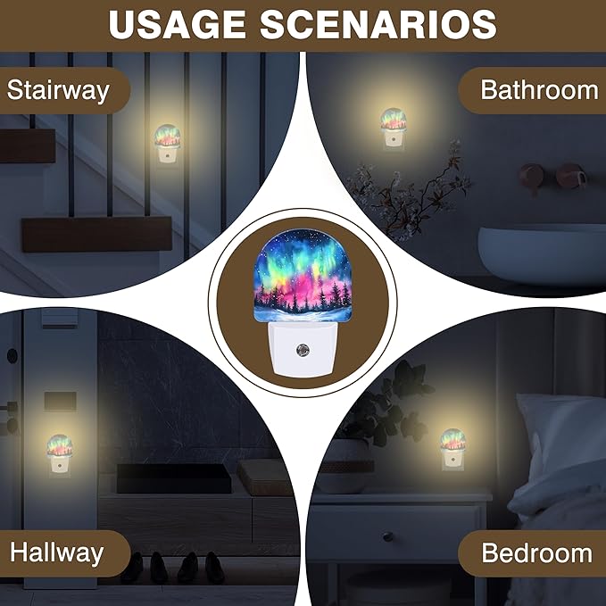 Night Light, Northern Lights in Winter Forest Sky Night Lights Plug into Wall Dusk to Dawn Sensor Round Nightlight for Women Men Energy Efficient Led Lamp 0.5W for Stairway Hallway Bedroom