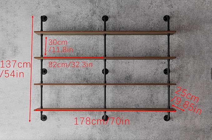 HDDFER Floating Book Shelves for Wall 4 Tier 70 inch Bookshelf Industrial Pipe Shelving Shelves Bookcase Industrial Bookshelves Pipe Shelf Wood Wall Shelf for Living Room