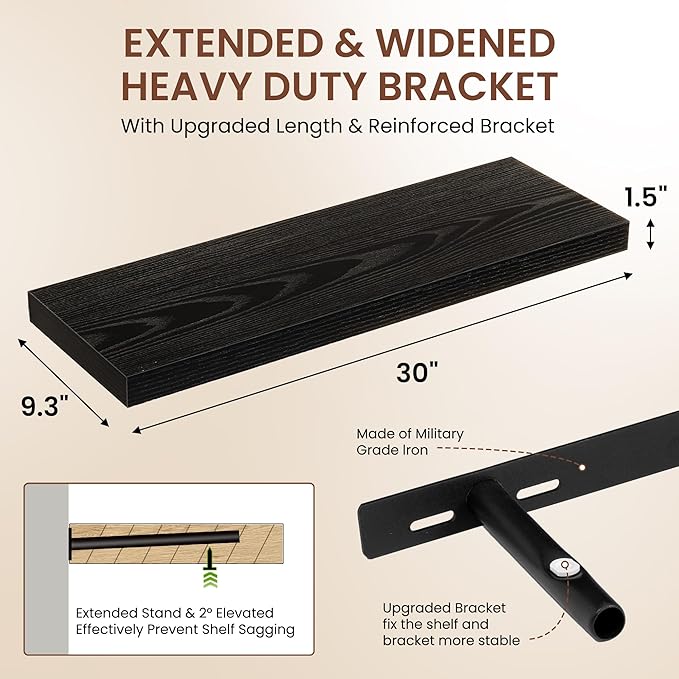 Dreamland 30 Inches Floating Shelves for Wall, 9.3" Deep Long Floating Shelves Set of 2, Large Display & Storage Shelf, Wall Shelf for Bathroom Bedroom Living Room Kitchen Office, Black