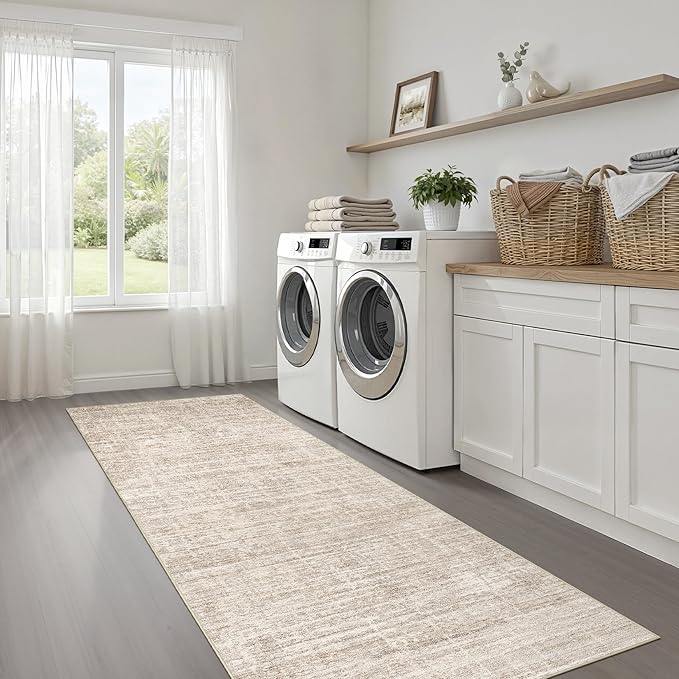 Runner Rug Non-Slip Kitchen Rug: 3x8 Washable Abstract Modern Soft Stain Resistant Indoor Floor Neutral Accent Throw Carpet for Hallway Bathroom Laundry Room Bedroom Entryway- Beige