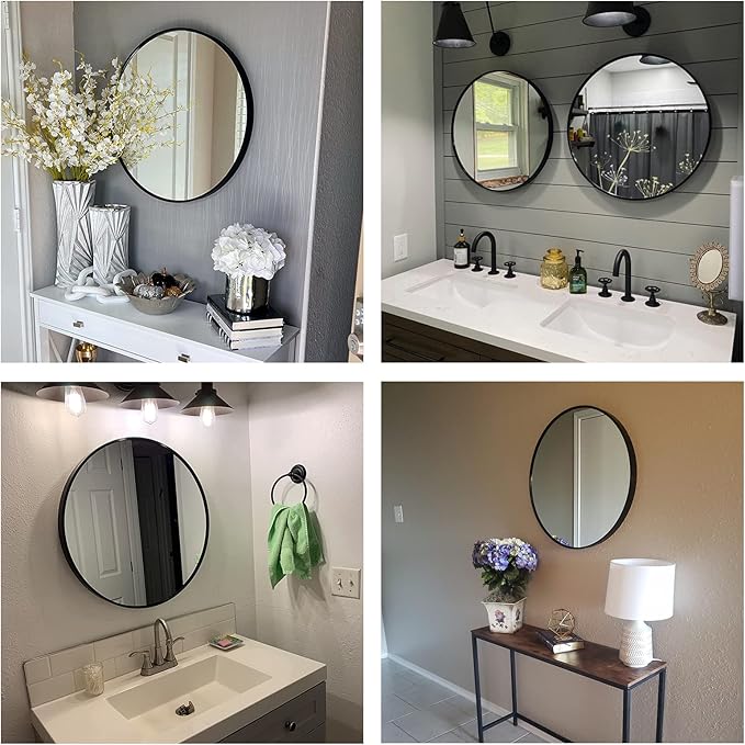 Oruii Round Mirror, Black Round Mirror 24 inch, Circle Wall Mirrors Metal Frame, Circular Mirrors for Wall, Living Room, Bathroom, Vanity, Entryway, Hallway.