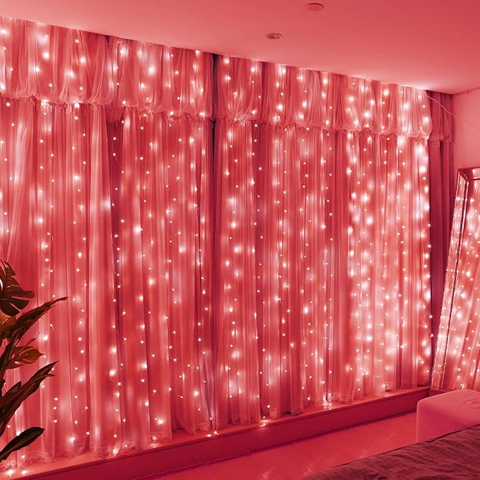 HXWEIYE 300LED Fairy Curtain Lights, 9.8x9.8Ft USB Plug-in 8 Modes Christmas String Hanging Lights with Remote for Bedroom Backdrop Wedding Indoor Wall Decor, Red, Standard – 1 Pack