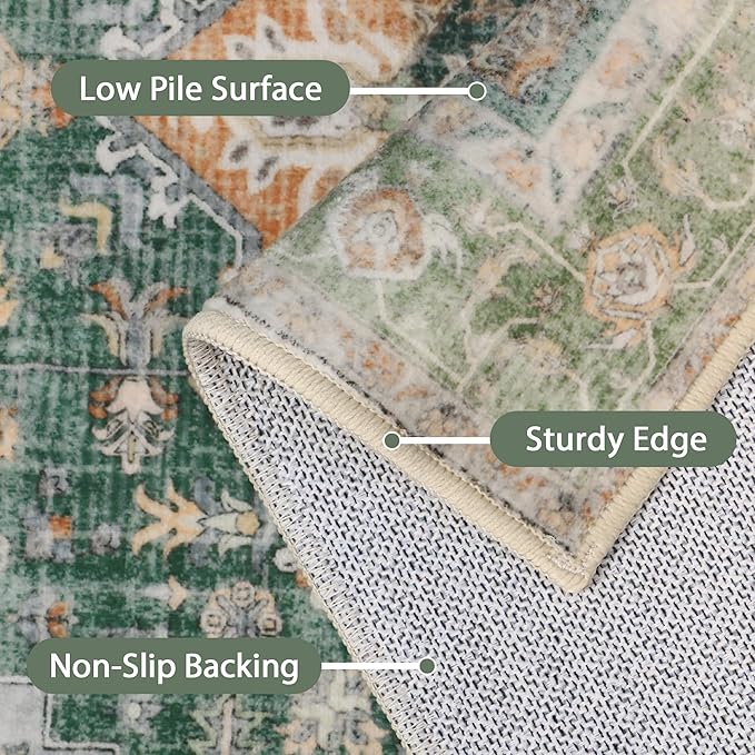 GENIMO 2x7 Runner Rugs for Hallway, Machine Washable Non Slip Vintage Rugs, Low Pile Lightweight Soft Print Rug for enrtyway, Corridor, Home Office, Kitchen,Sage Green