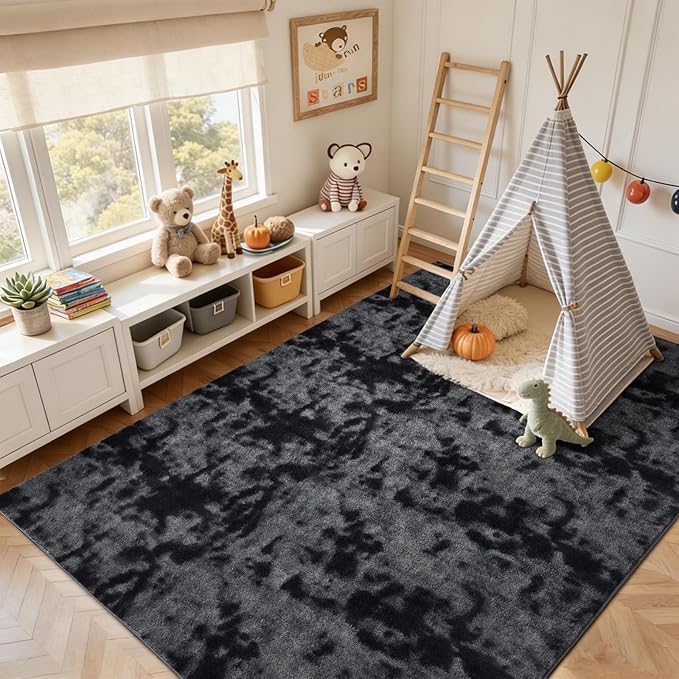 FinRèc 6x9 Washable Area Rugs for Bedroom Living Room, Low Pile Thin Ultra Soft Shag Rug, Non-Slip Carpet Indoor for Home Decor (Tie-dye Dark Grey)