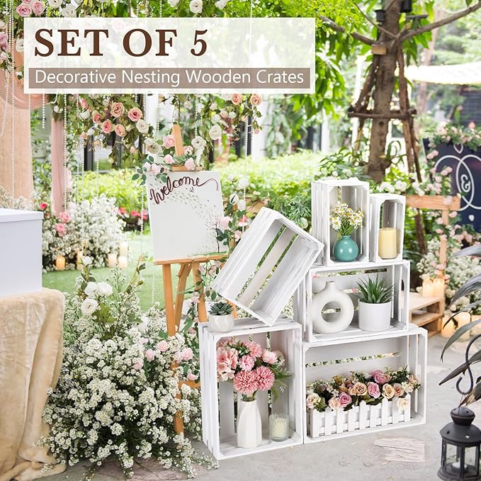 CroBlissful 6 Pcs Decorative Wood Crates for Storage Display Rustic Nesting Crates with Handle Farmhouse Wooden Storage Container Boxes for Wedding Baby Shower Birthday Party(Vintage White)