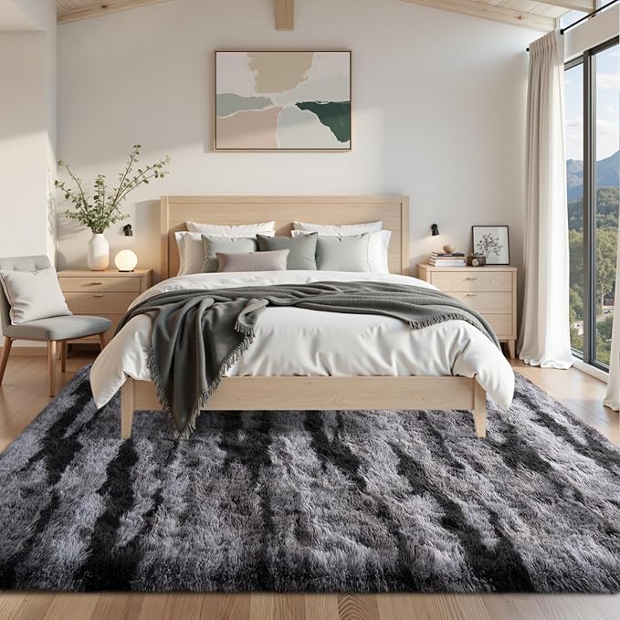 Area Rugs for Living Room 8x10 Feet, Soft Fluffy Shagg Plush Bedroom Rug Non-Slip,Large Carpet for Nursery Kids Dorm Home Decor Black and Silver