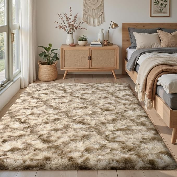 4x6 Area Rugs for Bedroom, Khaki Plush Fluffy Shaggy Living Room Rugs Non-Slip, Ultra Soft Carpet for Nursery Kids PlayRoom Dorm Office Indoor