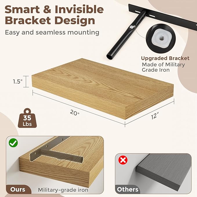 12 Inch Deep Floating Shelves for Wall, 20 x 12 Rustic Wood Grain Bathroom Shelves with Invisible Brackets, Easy Install Wood Storage Shelves for Kitchen, Living Room, Bedroom, Oak, Set of 2