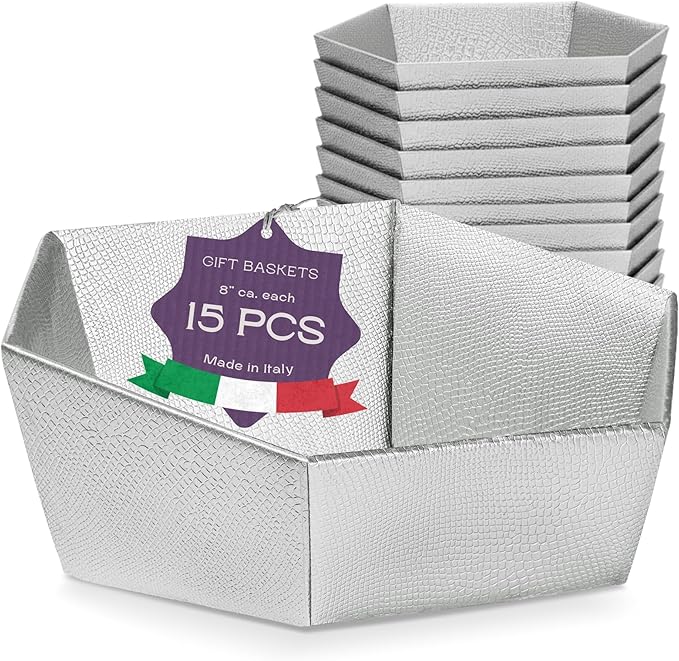 Pack of 15 Sturdy Empty Gift Baskets Made in Italy - Ideal for Baby Shower, Wedding and for Any Occasion - 8" x 6.69" x 2.75" Silver