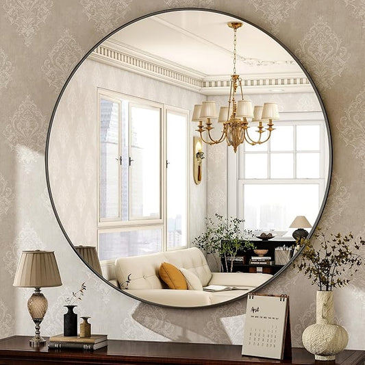 HARRITPURE Round Mirror 30 Black Wall Mounted Circle Mirrors Vanity Mirror with Brushed Aluminum Alloy Frame Modern Decoration for Bathroom, Living Room, Vanity, Bedroom, Entryway