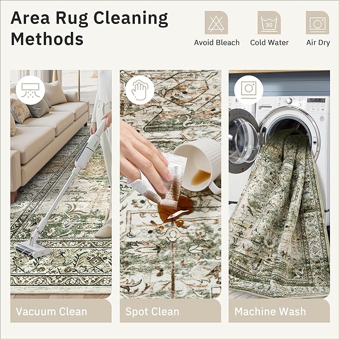 Soalmost 9x12 Area Rugs for Living Room, Non Slip Machine Washable Vintage Rugs, Low Pile Lightweight Large Rug for Bedroom, Dining Room, Home Office Olive