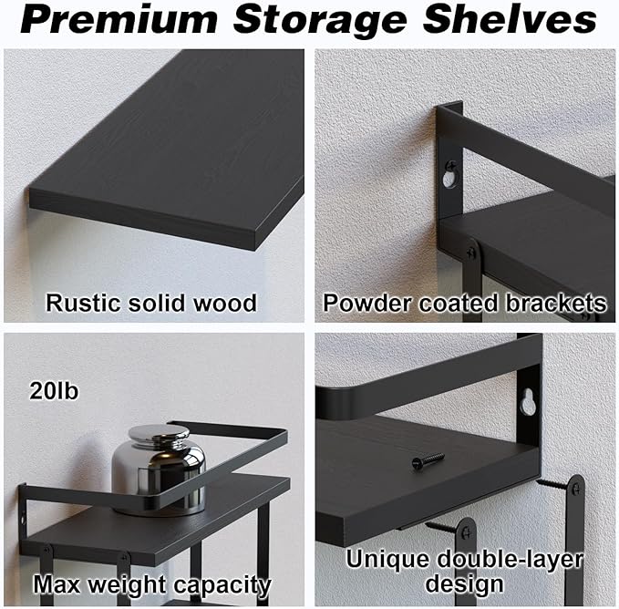 RICHER HOUSE Dual-Level Guardrail Floating Shelves, Rustic Wood Bathroom Shelf Wall Mounted, Over Toilet Paper Storage Shelves for Wall Decor, Bathroom Organizers - Black