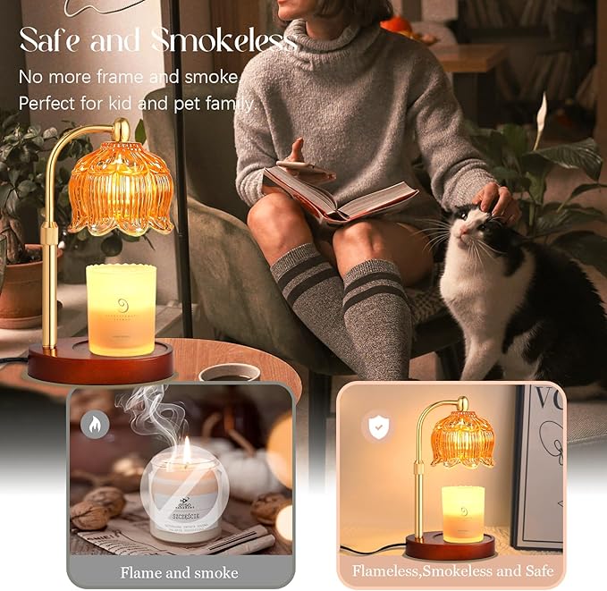 Adjustable Flower Candle Warmer Lamp with Timer, Lotus Tulip Glass Warmer Light for Jar Candles, Electric Wax Warming Melter, Gifts for Women Mom, Vintage Bedroom Decor (Amber)