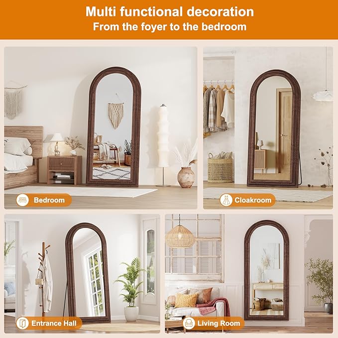 ZHUNFA External Three-Layer Arched Full Length Mirror with Solid Wood Frame,65x22 Modern Farmhouse Decor Standing Mirror Full Length,Wall Mounted,Leaning,Standing for Bedroom,Living Room,Brown.