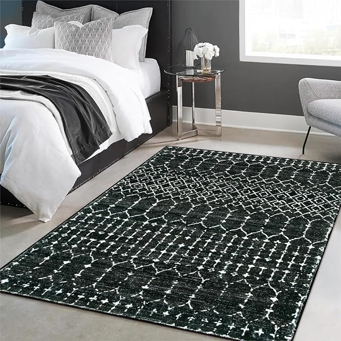 Lahome Moroccan Black Rug for Bedroom Washable Area Rugs 4x6 Non-Slip Ultra-Thin Living Room Carpet Stain Resistant Throw Entryway Indoor Mat, Geometric Print Modren Carpet Rug for Office Kitchen Hana