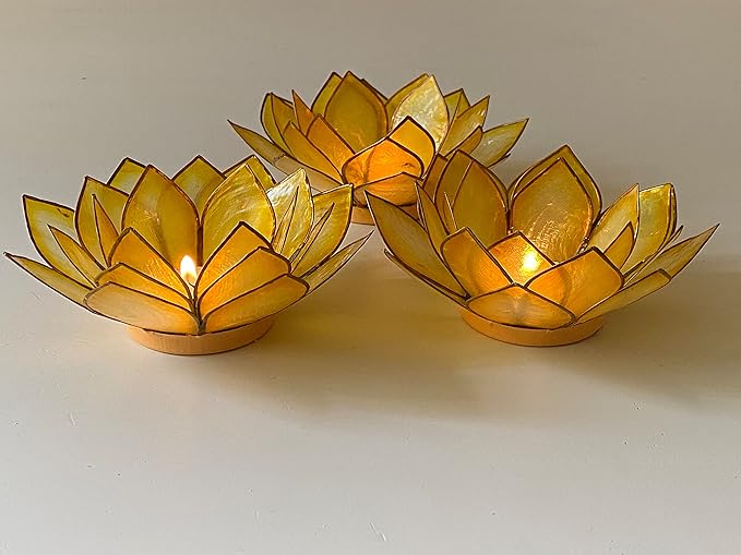 Om Gallery Capiz Shell Lotus Flower Decor Tealight Candle Holder for Serene Ambiance - Handmade Decorative Candle Holders for Meditation, Yoga, and Relaxation, Sunshine