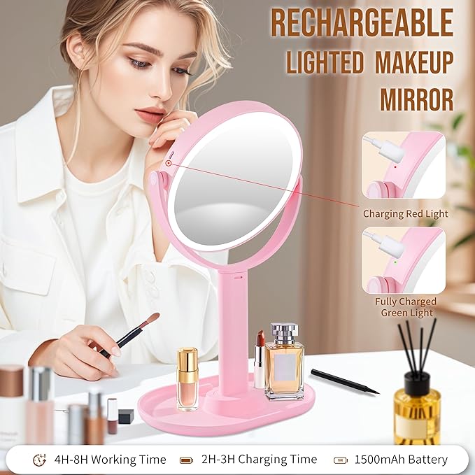 vpu Vanity Makeup Mirror with Lights, 10X/1X Double Sided Magnifying Light up Desk Mirror with Stand Cosmetic Organizer, 3 Color Brightness Adjustable 360° Rotation Detachable for Travel