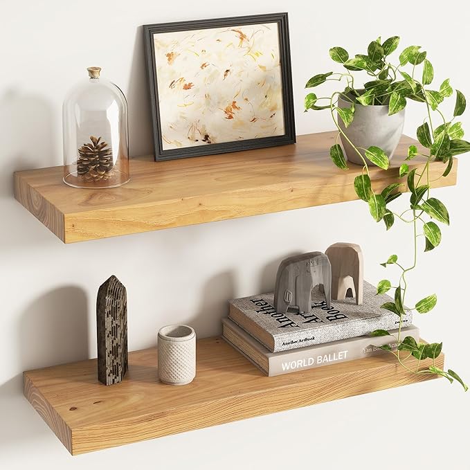 Venusmiles Elm Floating Shelves for Wall Decor, Rustic Solid Wood Shevles Wall Mounted with Invisible Bracket for Living Room Bathroom Bedroom Kitchen, 24 Inch Set of 2, Natural