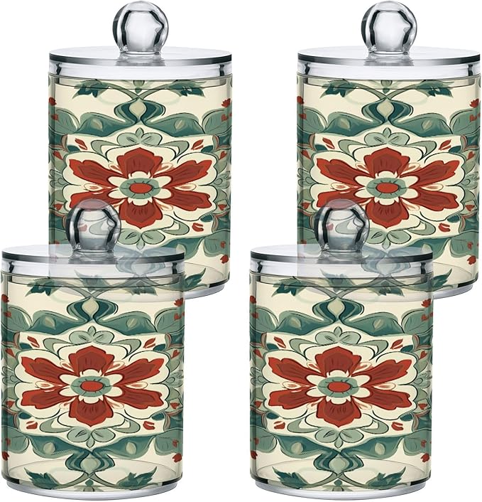 Nander 2Pack Beautiful Colored Mandala Qtip Holder Dispenser -Clear Plastic Apothecary Jars Set - Restroom Bathroom Makeup Organizers Containers for Cotton Swab, Ball, Pads, Floss
