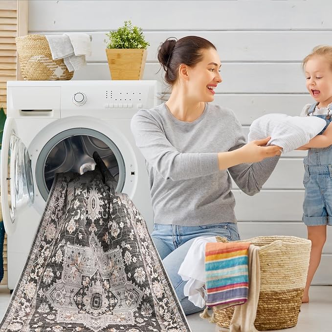 Washable Oriental Area Rug - 9x12 Rugs for Living Room Soft Carpet for Bedroom Waterproof Floral Distressed Indoor Stain Resistant Non-Shedding Floor Carpets (Black, 9x12)
