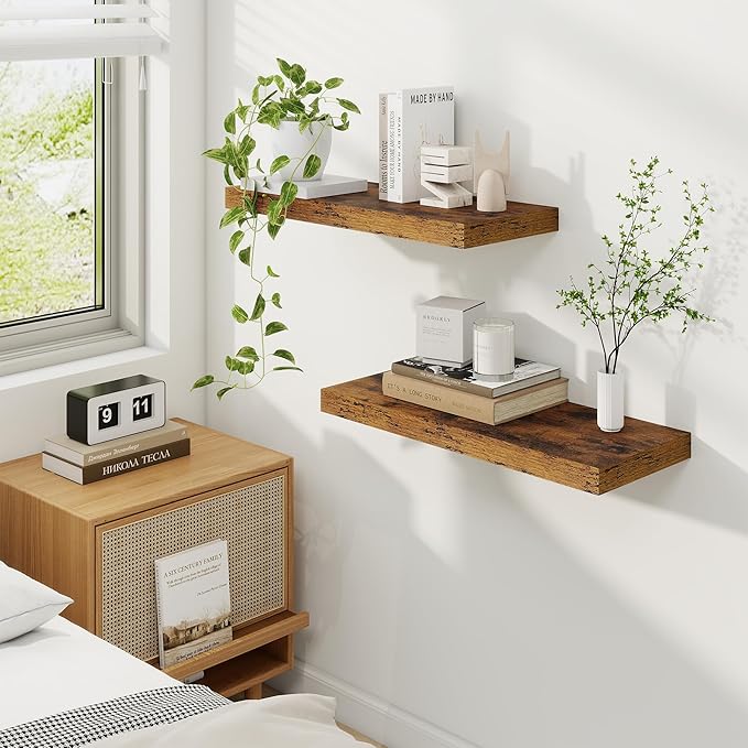 Fun Memories 24 Inch Floating Shelves, 9.3 Inch Deep Rustic Wall Shelves - Extra Deeper Wall Mounted Storage Shelves for Bathroom, Kitchen, Living Room (Brown, Set of 2)