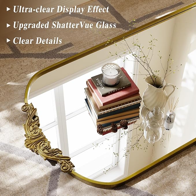 GLSLAND 32"x71" Vintage Full Length Mirror,Large Carved Arched Full Body Mirror with Metal Frame for Bedroom/Living Room/Entryway,Gold
