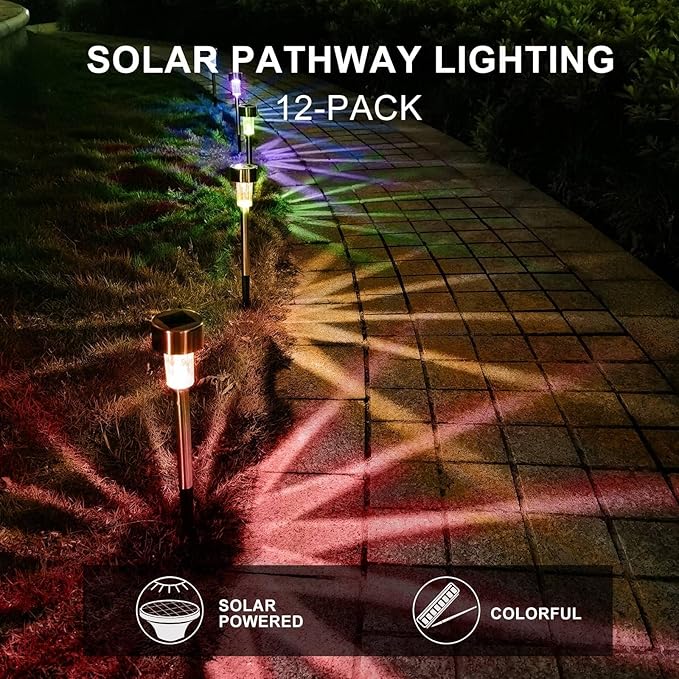 Dream Master Solar Lights Outdoor Waterproof, Stainless Steel LED Landscape Lighting, Solar Garden Lights, Outdoor Decorations for Yard, Pathway, Walkway, Patio, Lawn - 12 Pack (Multicolor)