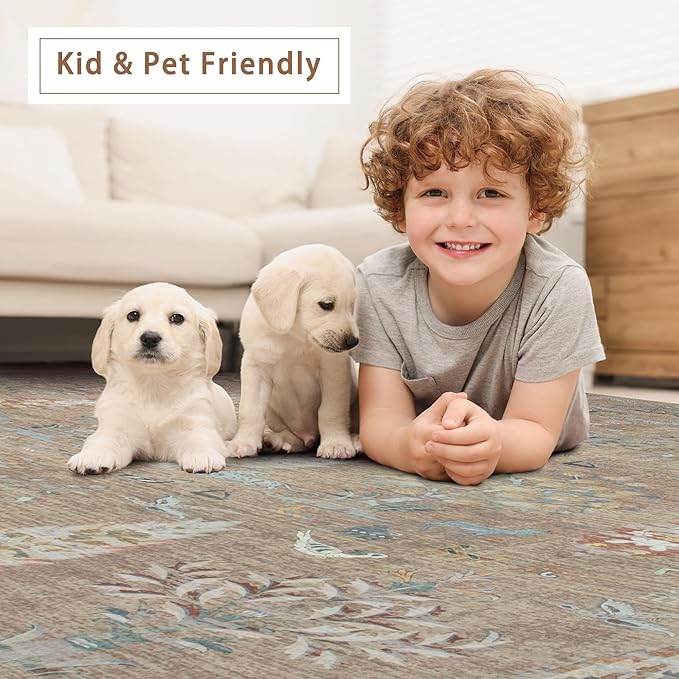 Srugn Washable Rugs 8x10 Area Rugs for Living Room,Bedroom,Dining Room-Large Ultra Soft Faux Wool Retro Carpet,Non Slip&Non-Shedding Low Pile Vintage Print Rug for Home Office Dorm Playroom-Terracotta