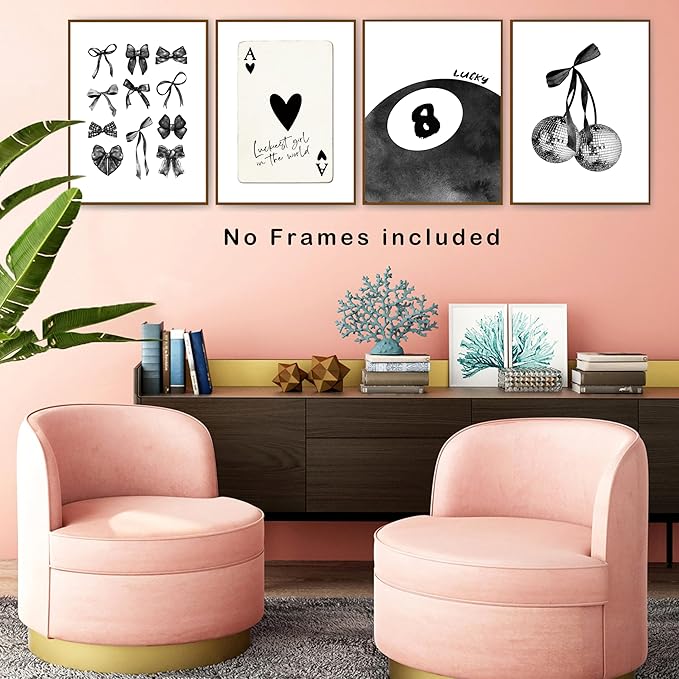 okaxscm Black Coquette Trendy Preppy Wall Art Prints Set of 4, Coquette Room Decor, Preppy Room Decor Aesthetic, Black Bow Disco 8 Ball Cherry Wall Decor Posters for Girls Bedroom Dorm, 12x16 Unframed