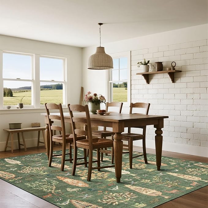 Srugn Washable Rugs 8x10 Area Rugs for Living Room,Bedroom,Dining Room- Large Ultra Soft Faux Wool Retro Carpet,Non Slip&Non-Shedding Low Pile Vintage Print Rug for Home Office Dorm-Grass Green