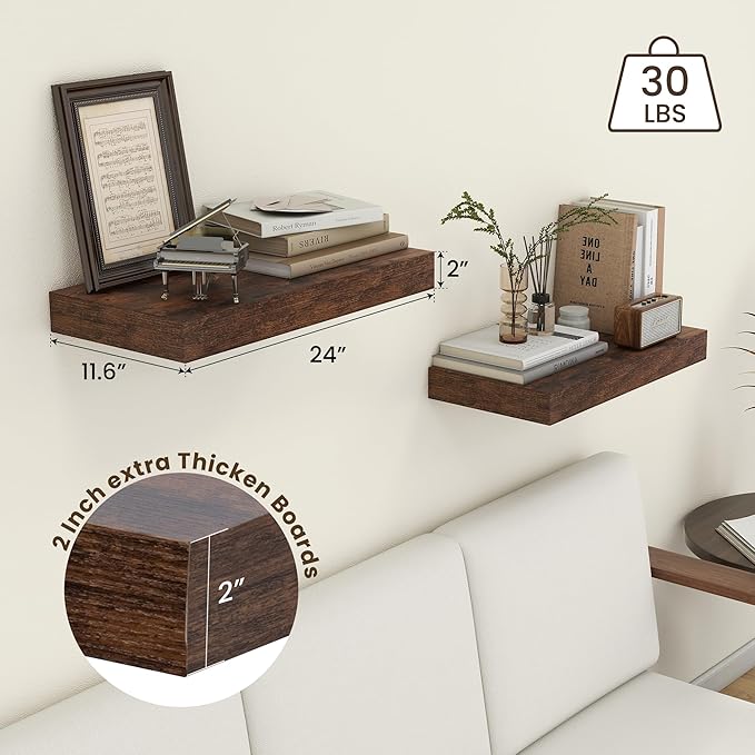 FLYJOE Deep Floating Shelves | 24 Inch Brown Floating Shelves Set of 2 | 12 Inch Deep Rustic Wood Shelves for Wall | 24" W x 12" D Brown Shelves for Living Room Bathroom Laundry Room Kitchen