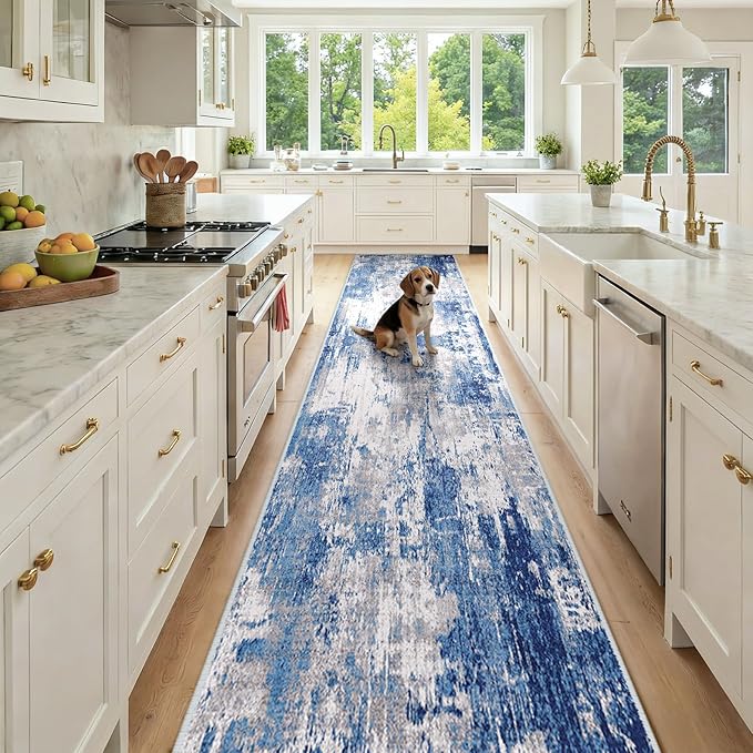 RELEANY Washable Area Rugs 2'6"x14 Non-Slip Modern Abstract Soft for Living Room Entryway Bedroom Nursery, Print Pattern, Blue Grey Navy Gray
