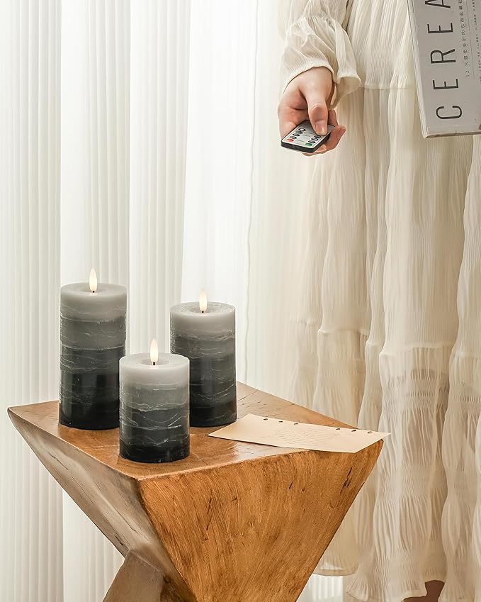 Stmarry Distressed Gradient Gray Flameless Candles with Remote and Timer, Real Wax Made LED Pillar Candles Battery Operated with 3D Flickering Flame - 3" x 4",5",6" - Set of 3