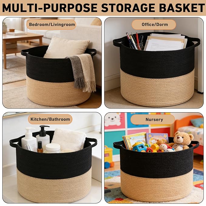 90L Large Blanket Basket, 21.7"x 21.7"x 13.8" Rope Woven Storage Basket with Handles, Laundry Hamper for Toys, Clothes, Pillows & Towels, Perfect for Living Room, Nursery & Bedroom,Black&Camel