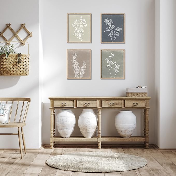 Liswit Framed Boho Wall Art Set of 4 for Wooded Minimalist Botanical Print Wall Art for Rustic Vintage Farmhouse Home Kitchen Wall Decor (Brown, 8"x10")
